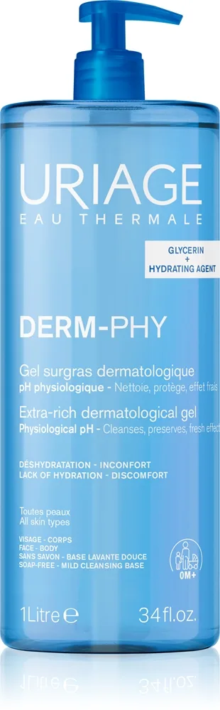 Uriage DERM-PHY Extra Rich Dermatological Gel hellävarainen puhdistusgeeli 1000 ml