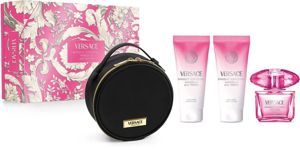 Gavesett Versace Bright Crystal Absolu som inneholder Eau de Parfum 90 ml, bodylotion 100 ml, dusjgelé 100 ml og kosmetikkpung 90 ml.