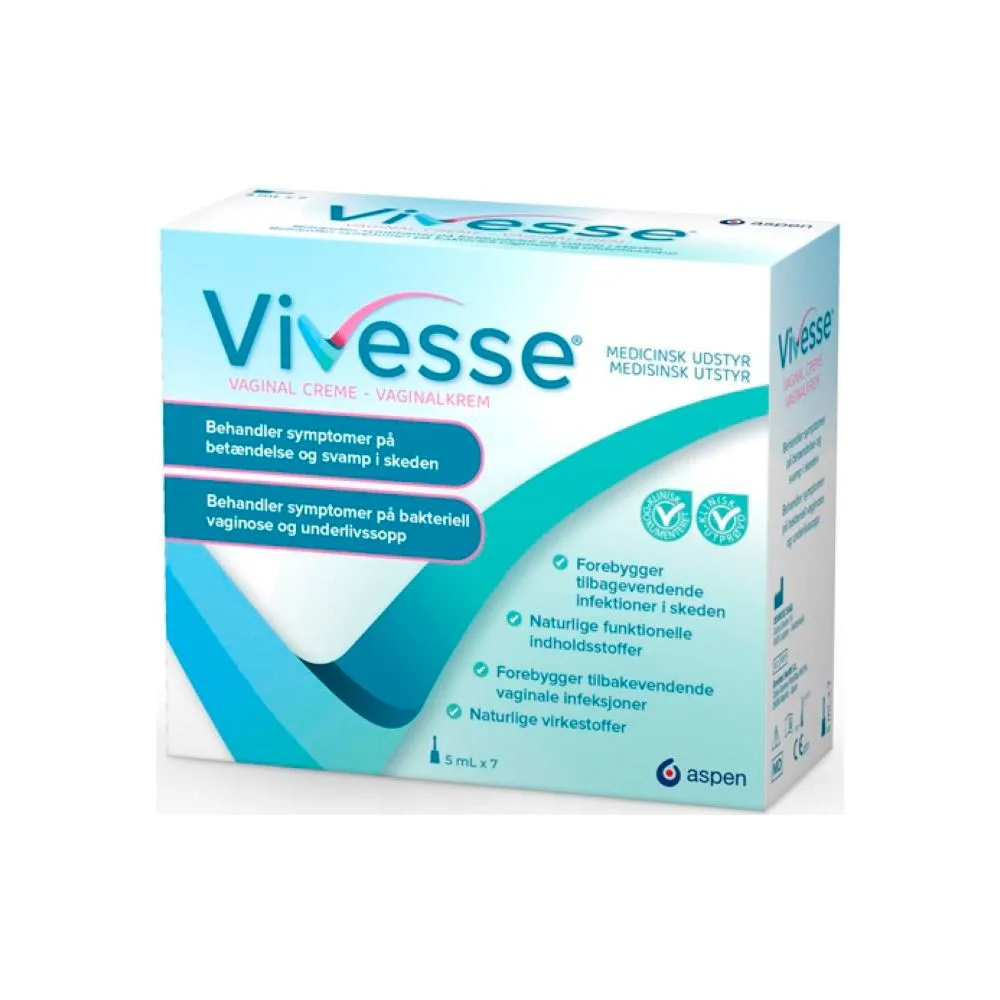 Vivesse vaginalkrem 7×5 ml uten parfyme – fuktgivende krem til vaginalt bruk.