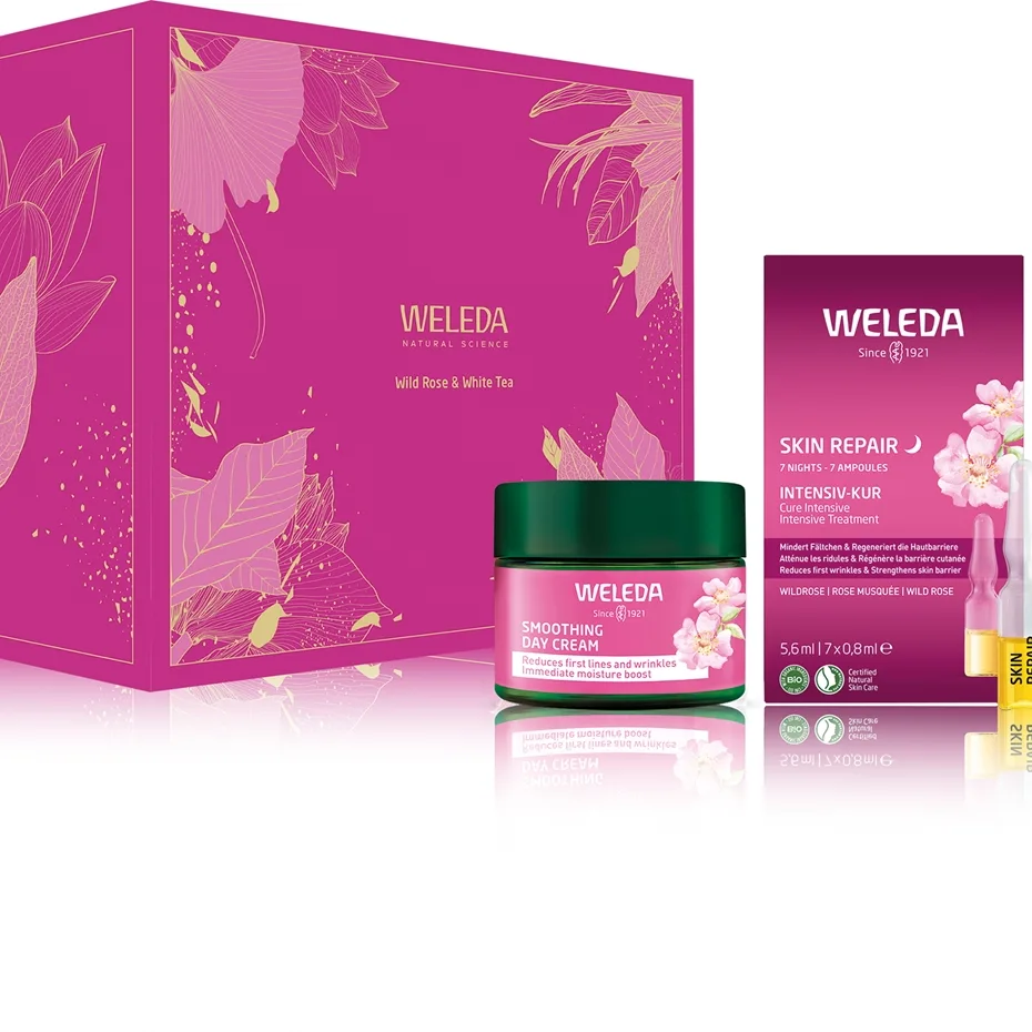 Weleda Wild Rose & White Tea lahjasetti kirkastamaan ja ihoa silottamaan