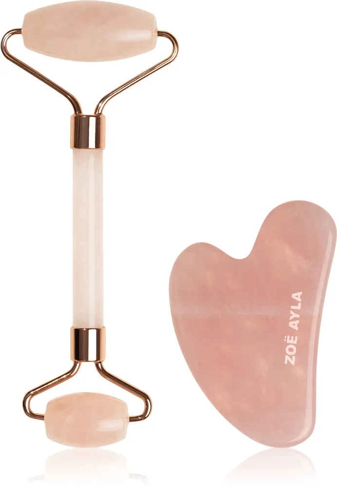 Zoë Ayla Rose Quartz Facial Roller And Gua Sha Tool lahjasetti kasvoille